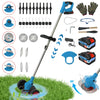 A set of cordless grass trimmer and edger tools with various attachments and two batteries shown operating on green grass.