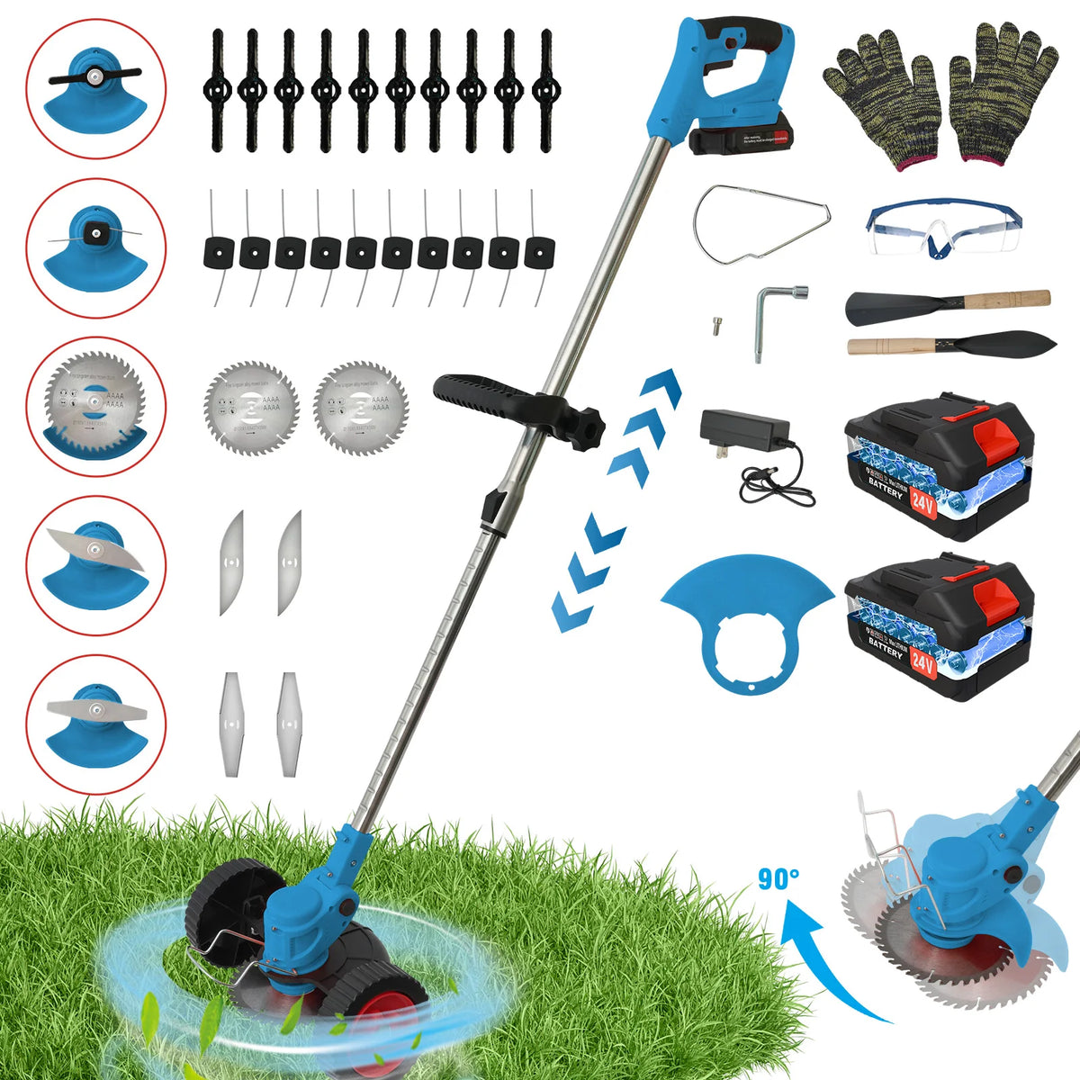 A set of cordless grass trimmer and edger tools with various attachments and two batteries shown operating on green grass.