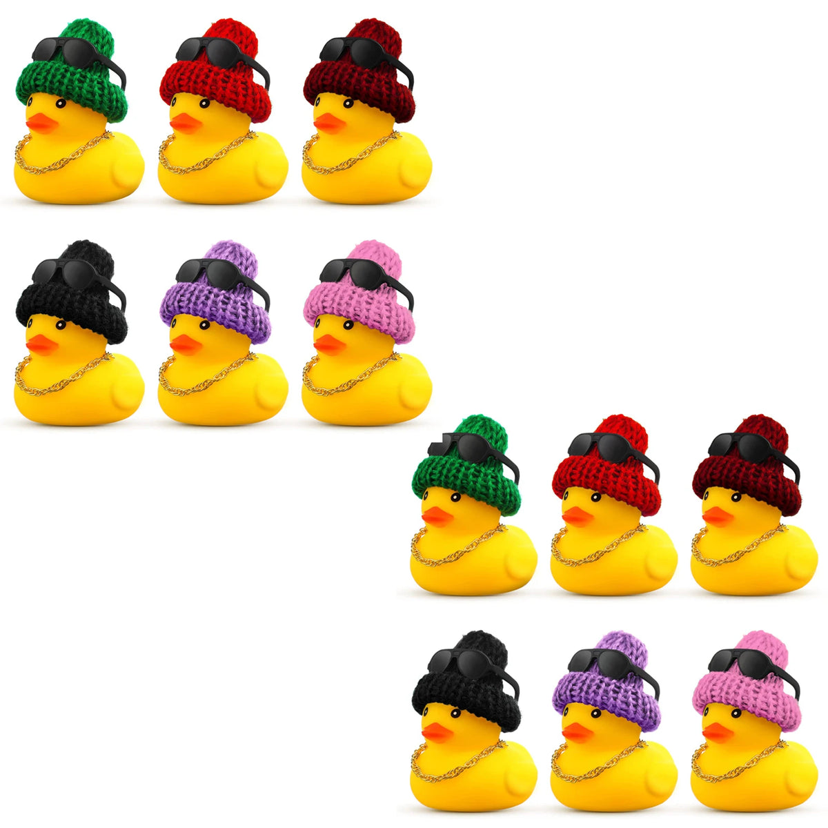 A collection of yellow rubber duck car dashboard ornaments in various colors and with knitted accessories.