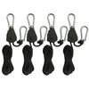 Five black camping tent rope tensioners with ratchet pulley hooks and cord