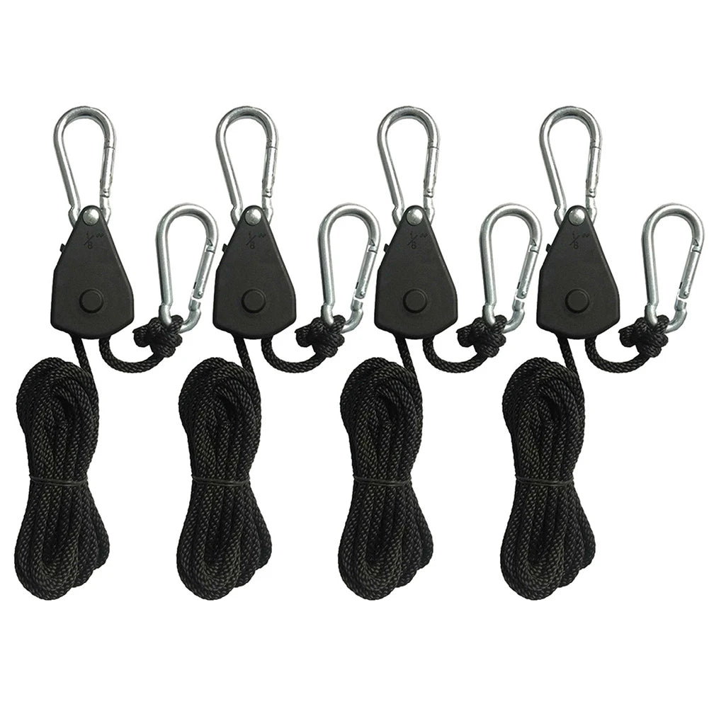 Five black camping tent rope tensioners with ratchet pulley hooks and cord