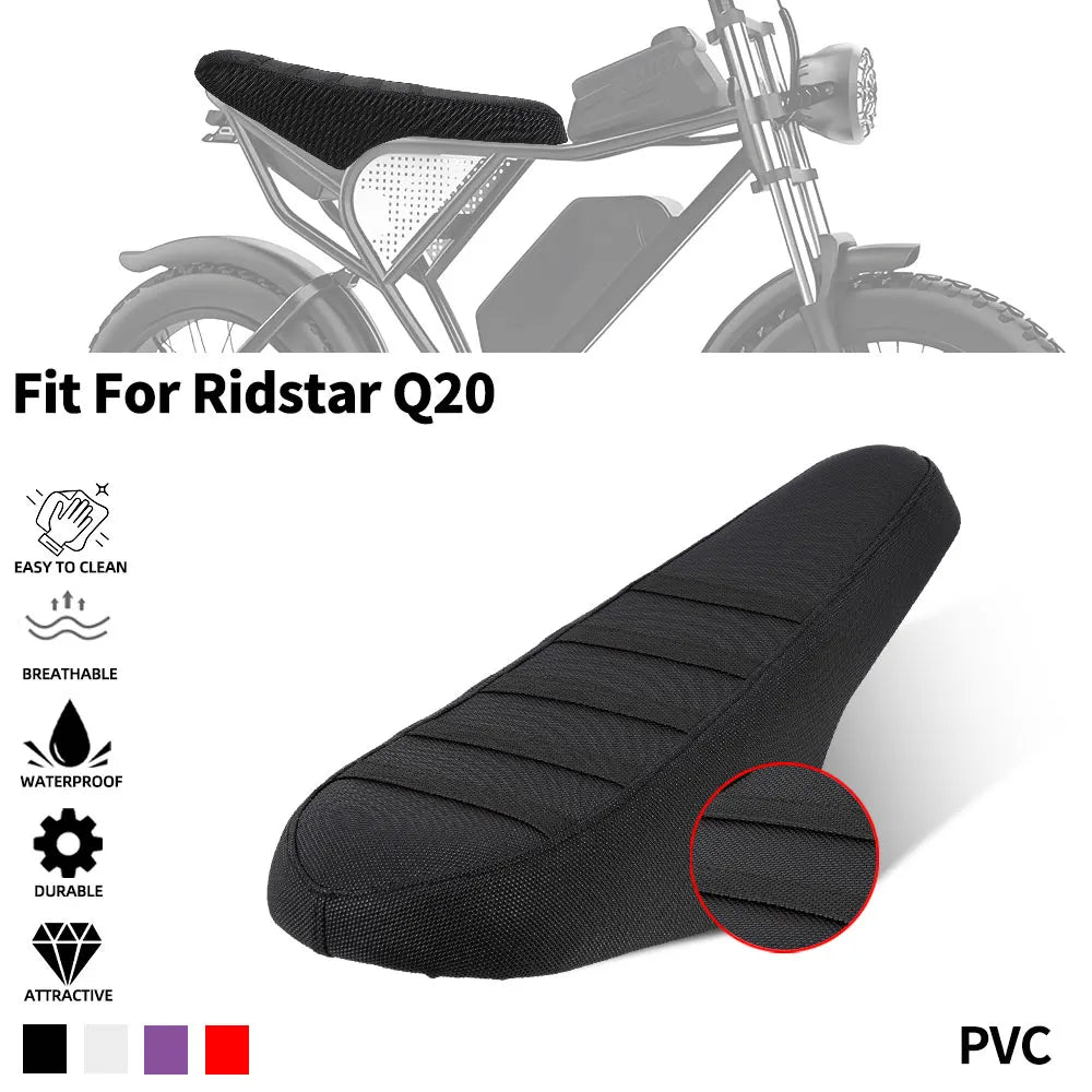 Black PVC motorcycle seat cover for Ridstar Q20 featuring anti-slip particles and durable material.