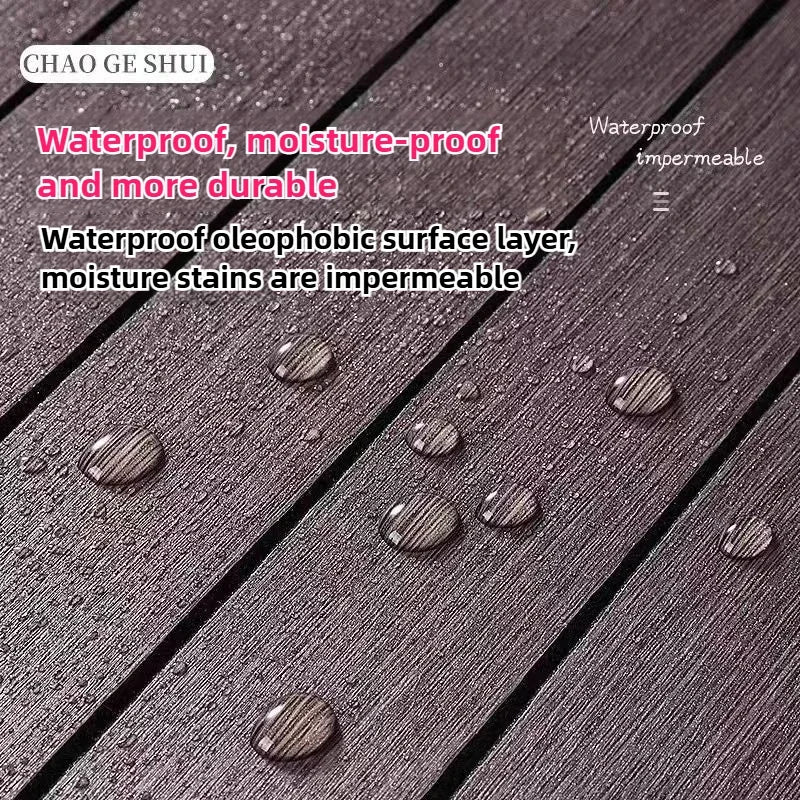 Close-up of dark brown wood-grain surface showing water-resistant and moisture-proof features.