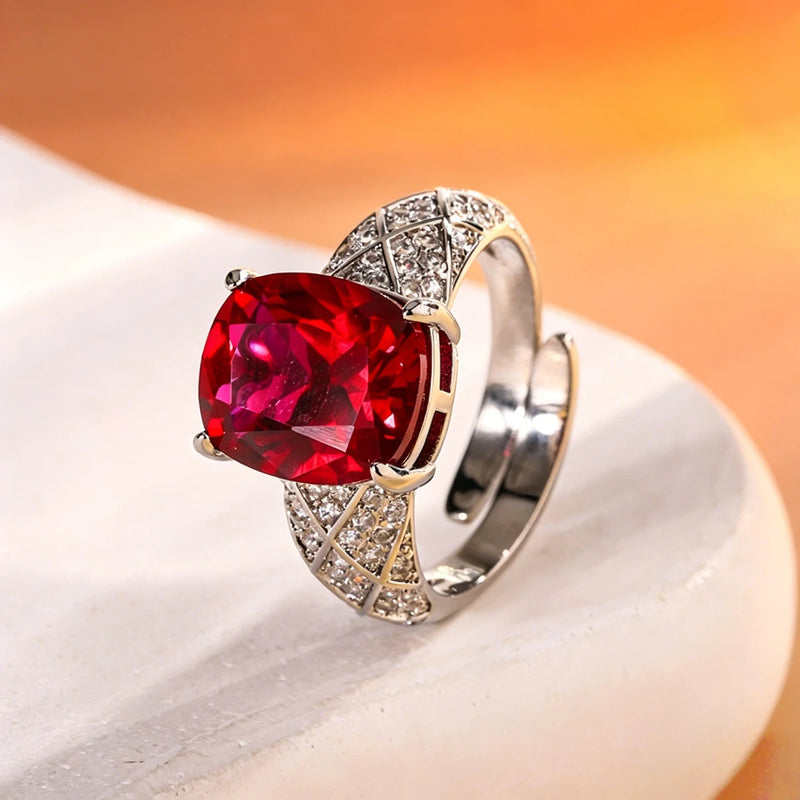 Adjustable Silver-Plated Cushion-Cut CZ Statement Ring