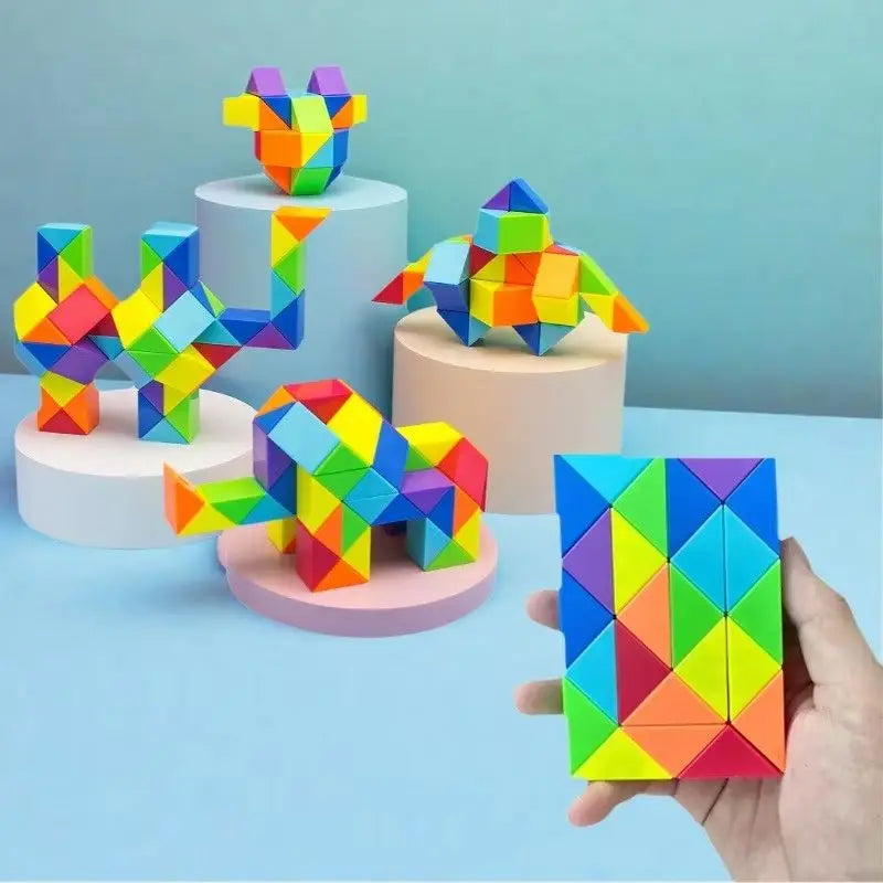 Colorful transformable fidget puzzle toys shaped like animals and geometric figures displayed on a light blue surface.