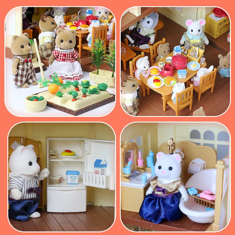 A set of miniature dollhouse furniture featuring various forest animal figures and accessories.