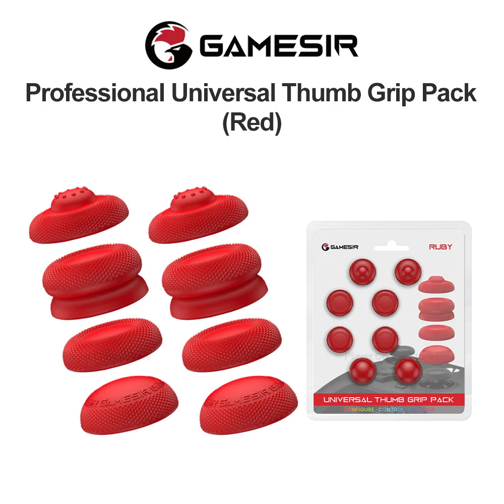 Packung rote Silikon-Daumengrips für professionelle universelle Verwendung, in verschiedenen Formen dargestellt.
