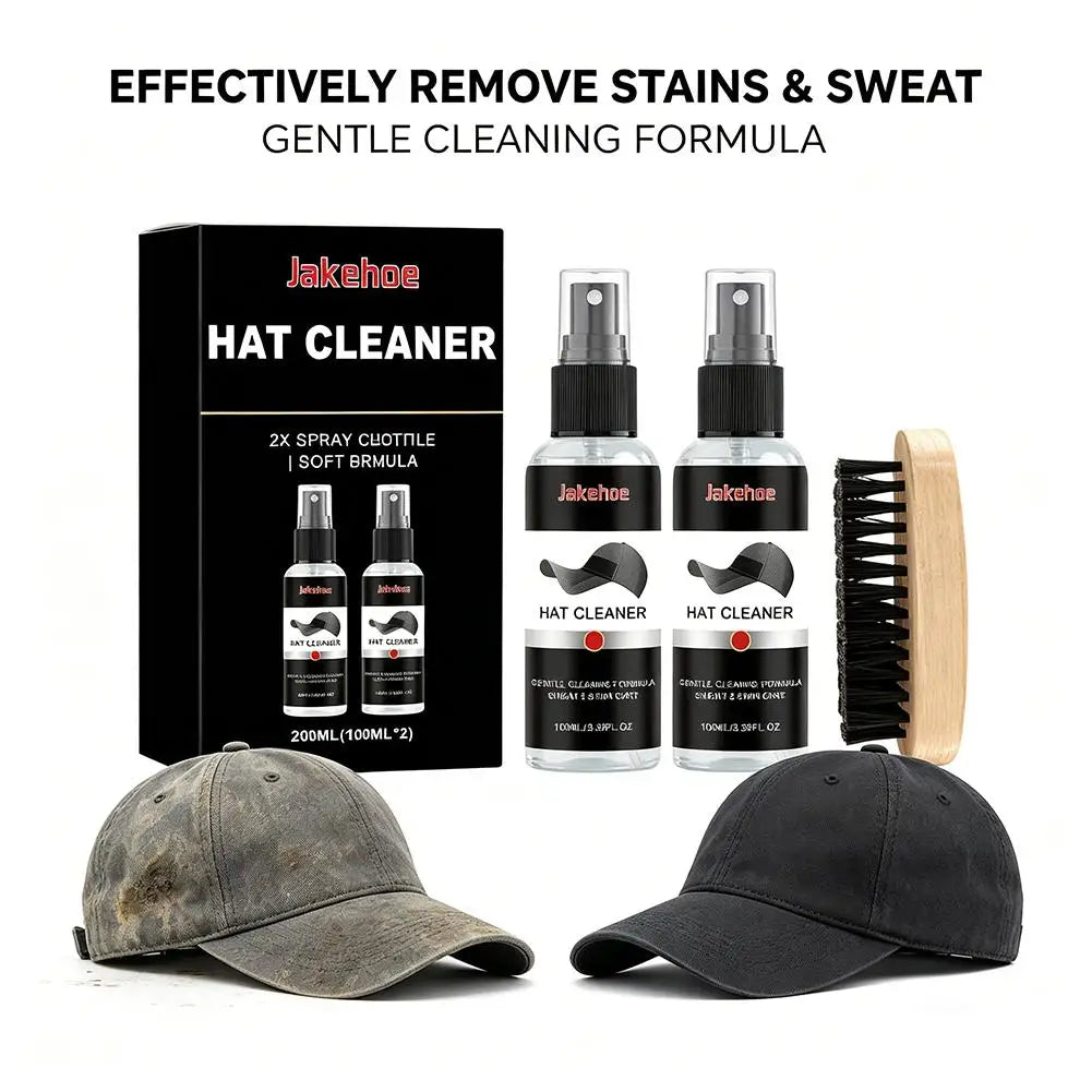 Jakehoe Hat Cleaner kit with two spray bottles and a brush shown next to a baseball cap.