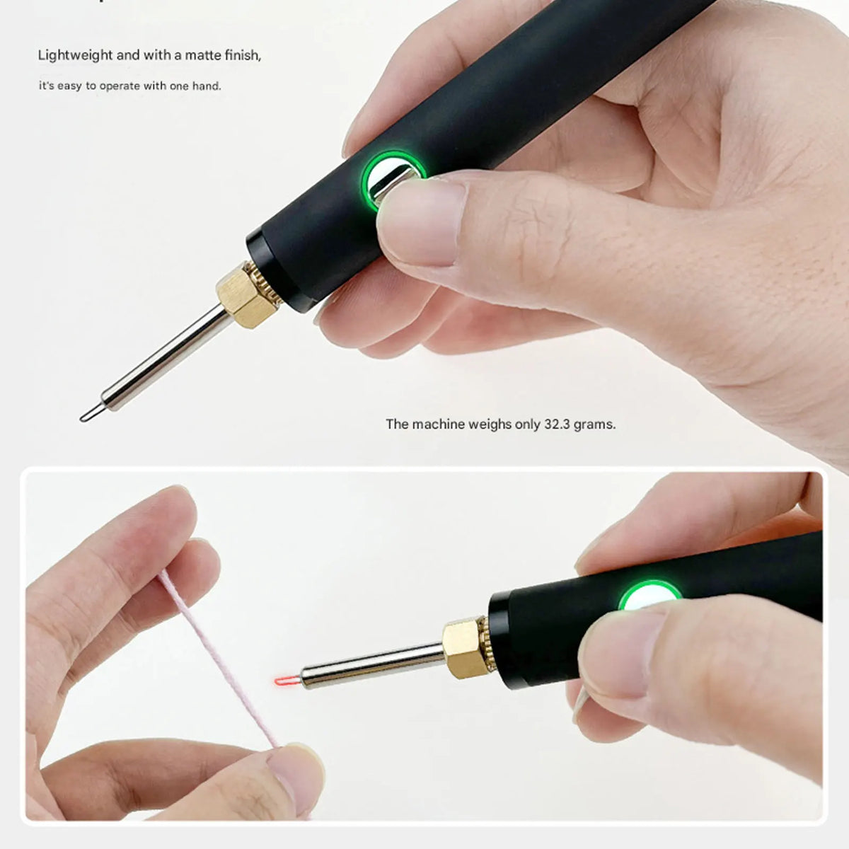 A hand holds a black soldering iron with a green light, demonstrating its lightweight design.