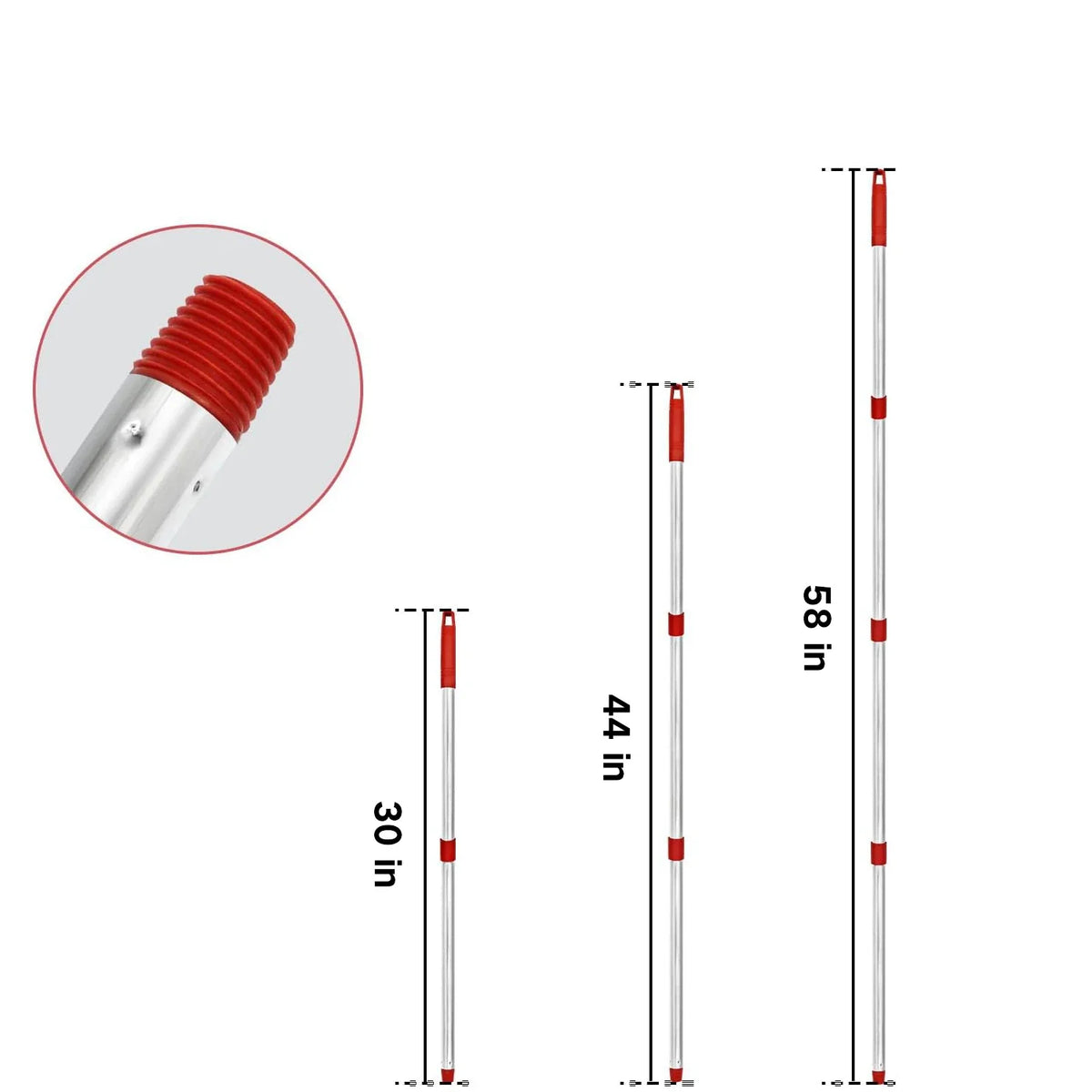 Replacement mop handle and base with red and silver components shown in various views.
