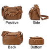 A brown leather tote bag shown from the positive, side, back, and bottom angles.