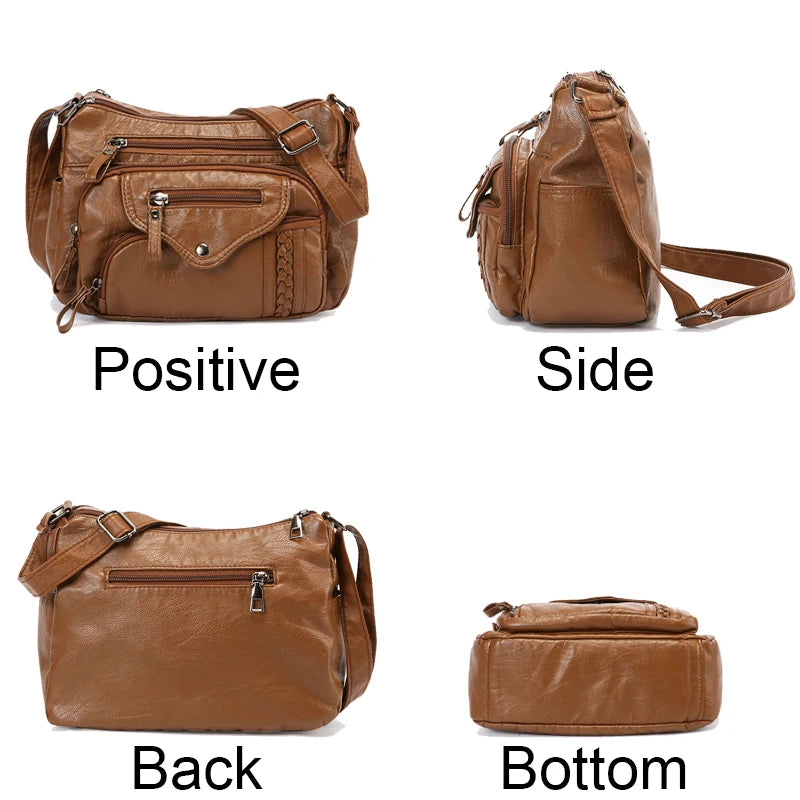 A brown leather tote bag shown from the positive, side, back, and bottom angles.