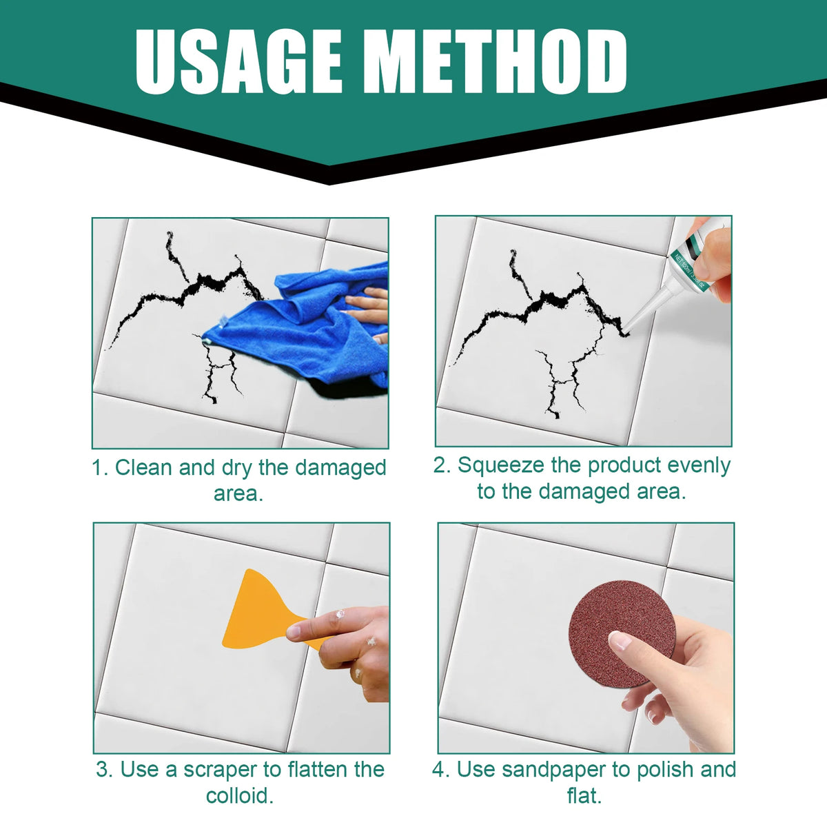 Instructions showing how to clean, squeeze, scrape, and polish a tile repair paste for cracks and grout.