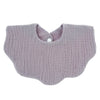 A soft lavender cotton baby bib in a bandana style with a rounded neckline.