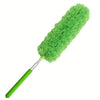 A bright green flexible microfiber duster with a metal handle and fluffy bristles.