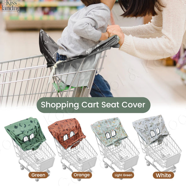 Various colored shopping cart seat covers including green, orange, light green, and white options.