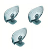 Three views of a leaf design self-draining soap dish with suction cup in a translucent teal color.