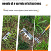 A garden hand rake with a wooden handle is shown being used for various farm tasks like weeding, cultivating, and leveling fi