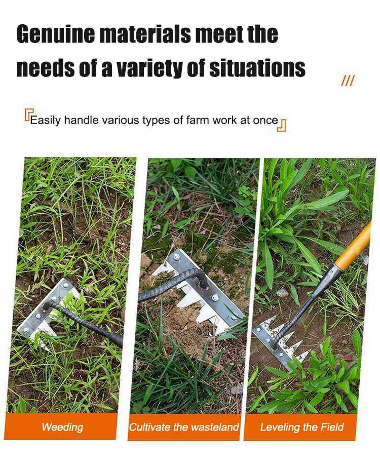 A garden hand rake with a wooden handle is shown being used for various farm tasks like weeding, cultivating, and leveling fi