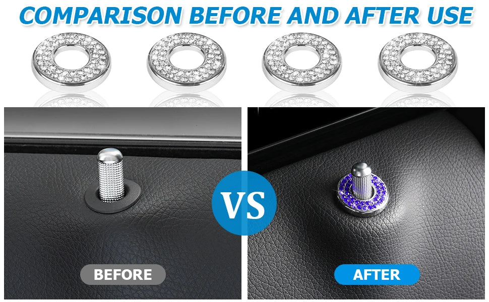Comparison showing a car door lock pull before and after installation of crystal rhinestone covers