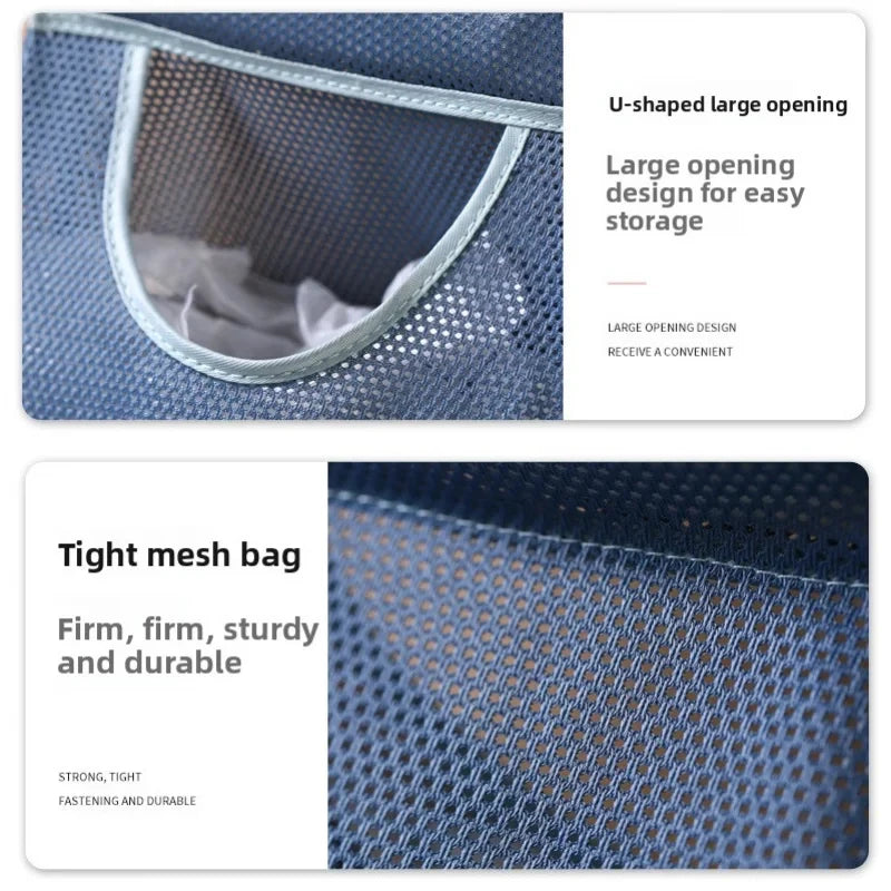 Close-up view of a blue mesh bag with a U-shaped opening and a tight mesh bag texture.