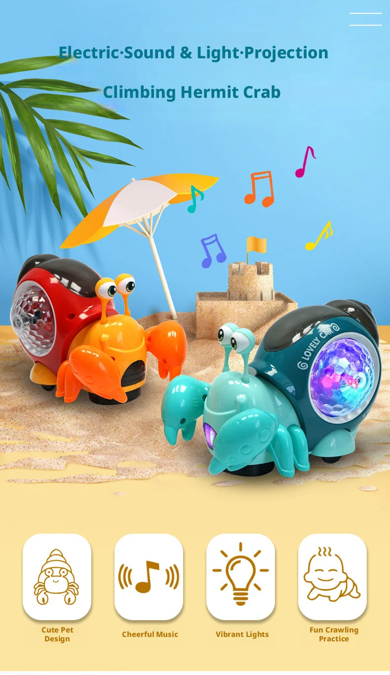 A set of climbing hermit crab toys featuring electric sound, light projection, and music for crawling practice.