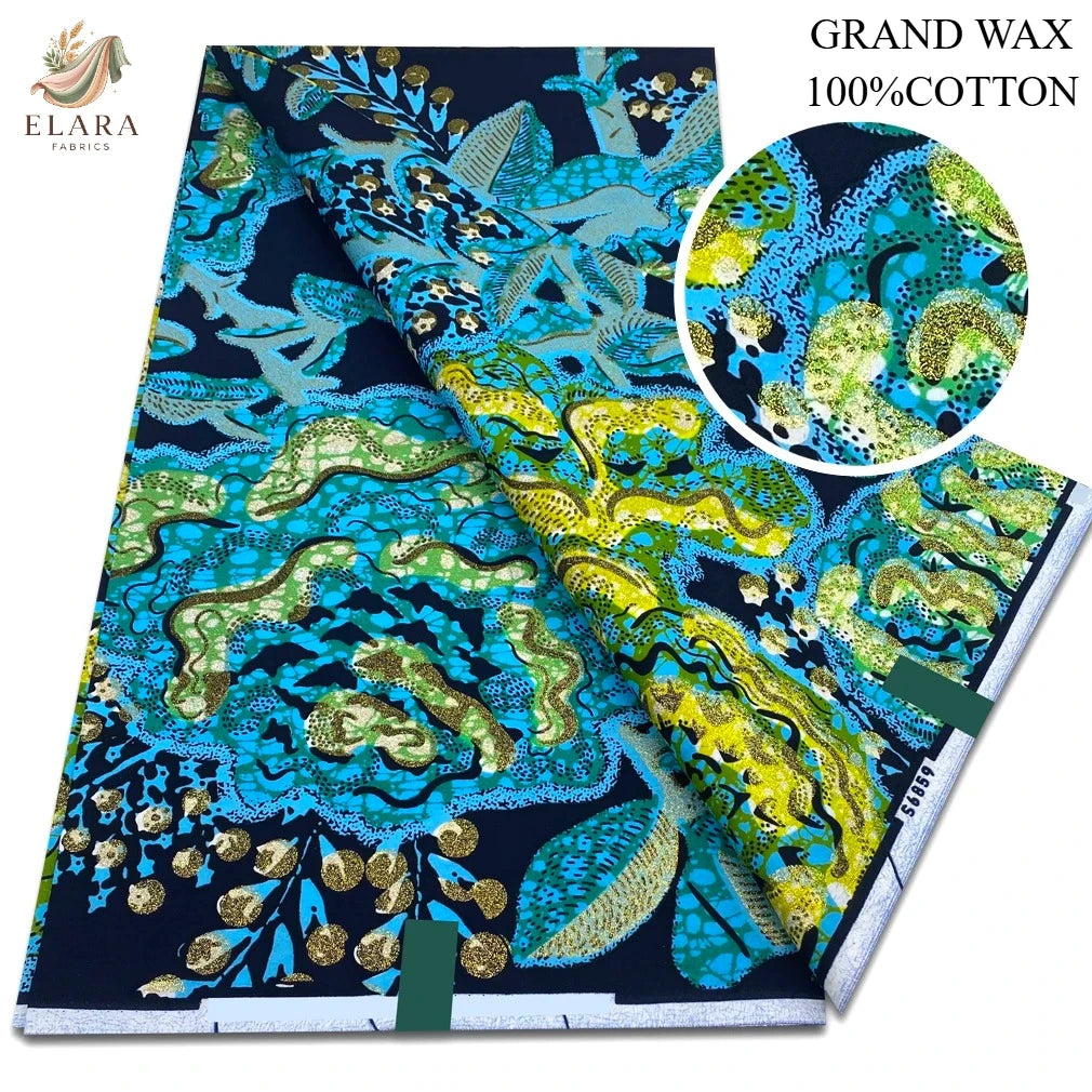Blue and yellow African wax print fabric featuring intricate patterns and gold accents