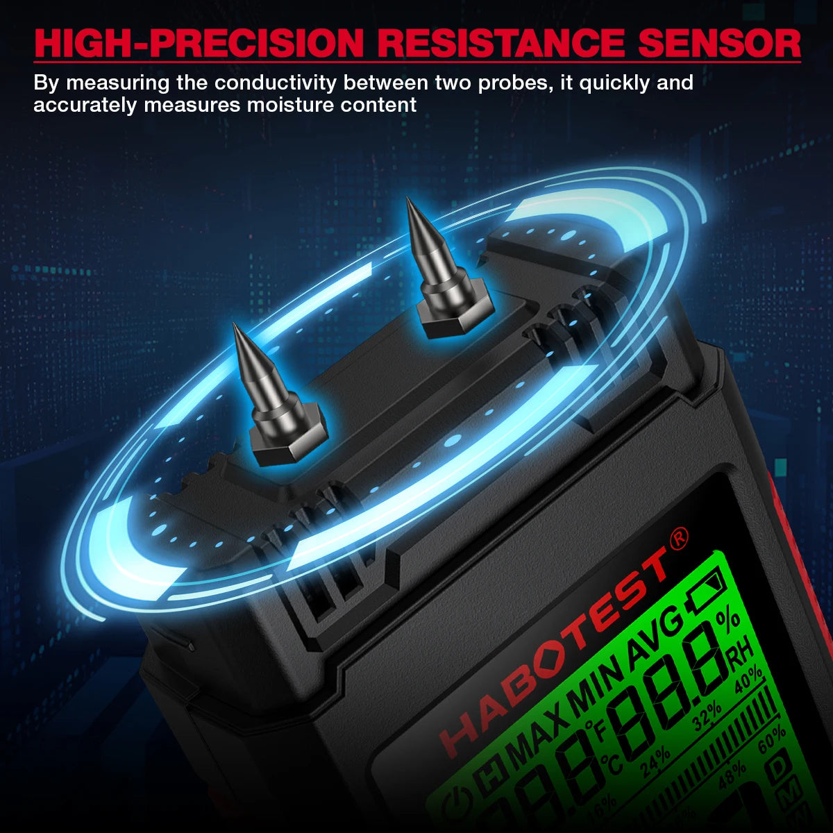 A high-precision resistance sensor probe is shown measuring moisture content using two probes on a digital wood moisture mete