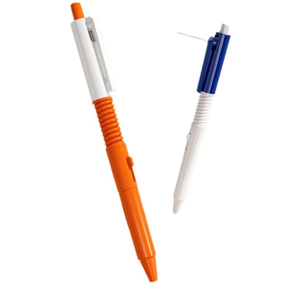 An orange and white prank water gun pen with a blue tip, shown diagonally.