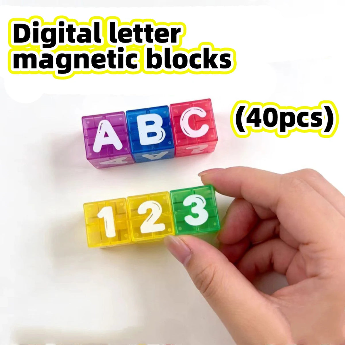 A hand holds colorful digital letter magnetic blocks including ABC and numbers 123 for building and storage.