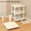 A white stackable vertical shoe rack with shelves and wooden shoe inserts shown on a floor.