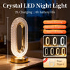 A crystal LED night light with a gold base and touch dimming features shown on a wooden surface.