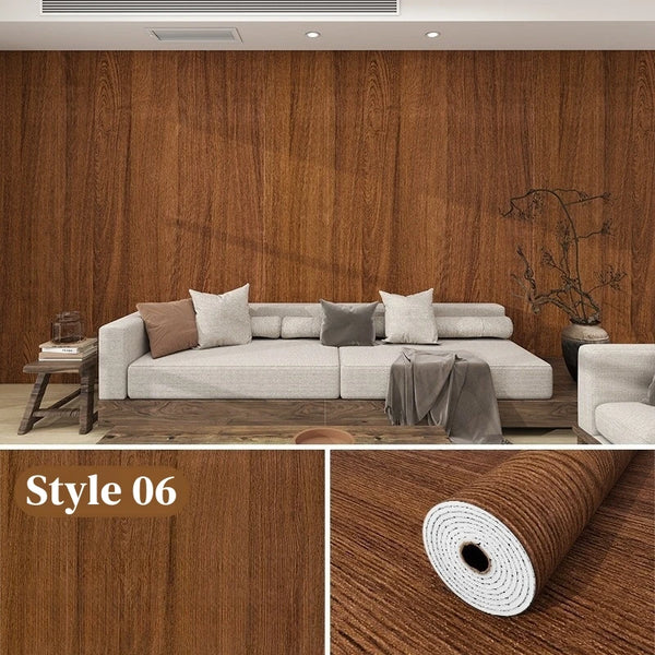 A modern living room interior featuring a sofa and decorative elements against a wood grain wall background.