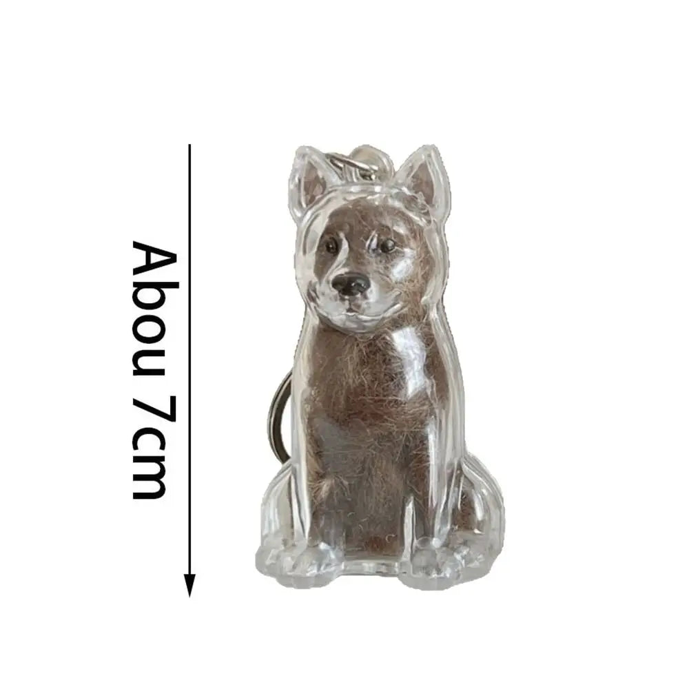 A clear resin pendant keychain shaped like a dog sitting, used for fur storage.