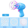 Blue automatic bubble gun for kids featuring a fan blade mechanism and a plate.