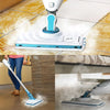 A white steam mop is shown cleaning a tiled floor, with a close-up of the microfiber pad attachment.
