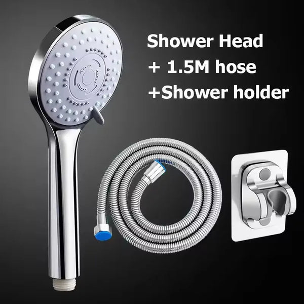 Pommeau de douche, tuyau et support argenté pour douche manuelle à haute pression.