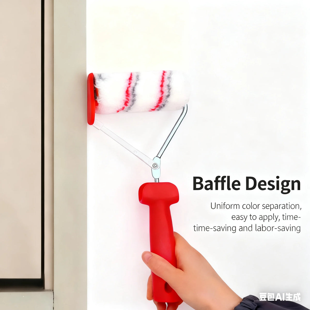 A hand is applying a red paint edger roller to create a baffle design on a white wall.