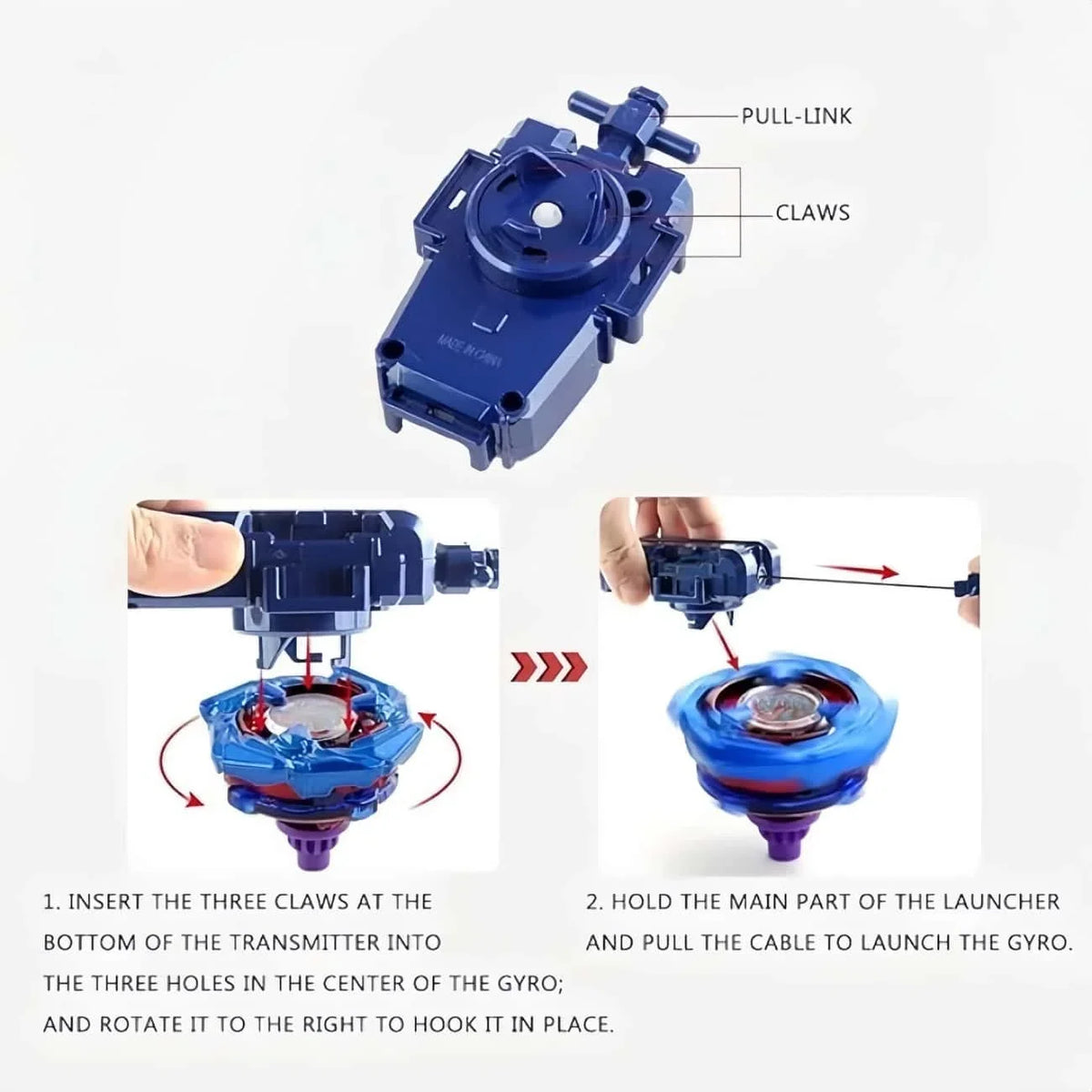 A blue metal spinning top toy with claws and a pull-link mechanism shown in assembly steps.
