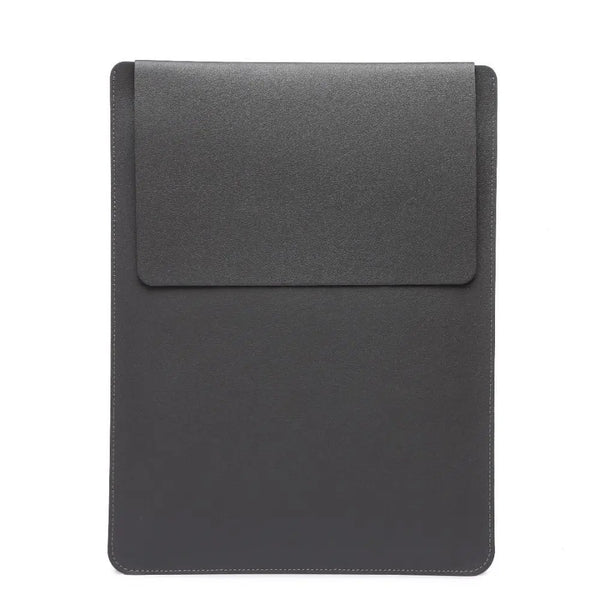 A dark gray ultra-thin waterproof laptop sleeve with a built-in stand.