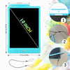 A teal LCD writing tablet with a stylus pen and a flexible cable, shown in various views.