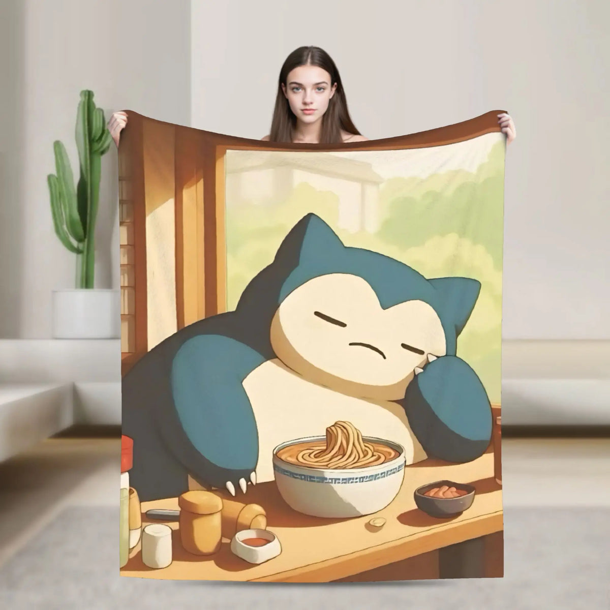 A large print featuring a cartoon Snorlax sleeping peacefully on a wooden table.