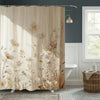 Beige floral waterproof shower curtain featuring a botanical design hanging in a bathroom.