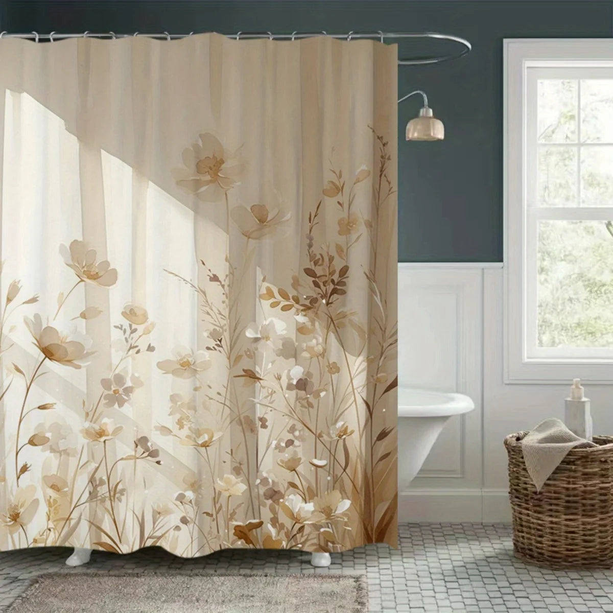 Beige floral waterproof shower curtain featuring a botanical design hanging in a bathroom.