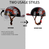 A black retro open face motorcycle helmet with a decorative pattern, shown in two usage styles: with and without a visor.