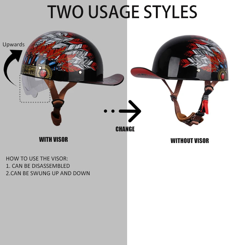 A black retro open face motorcycle helmet with a decorative pattern, shown in two usage styles: with and without a visor.