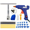 Paintless dent repair kit featuring a puller, glue gun, and various adhesive tabs and rods.
