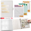 A5 budget binder with cash envelopes and savings challenge tracker pages.