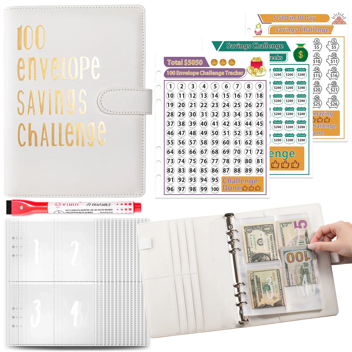 A5 budget binder with cash envelopes and savings challenge tracker pages.