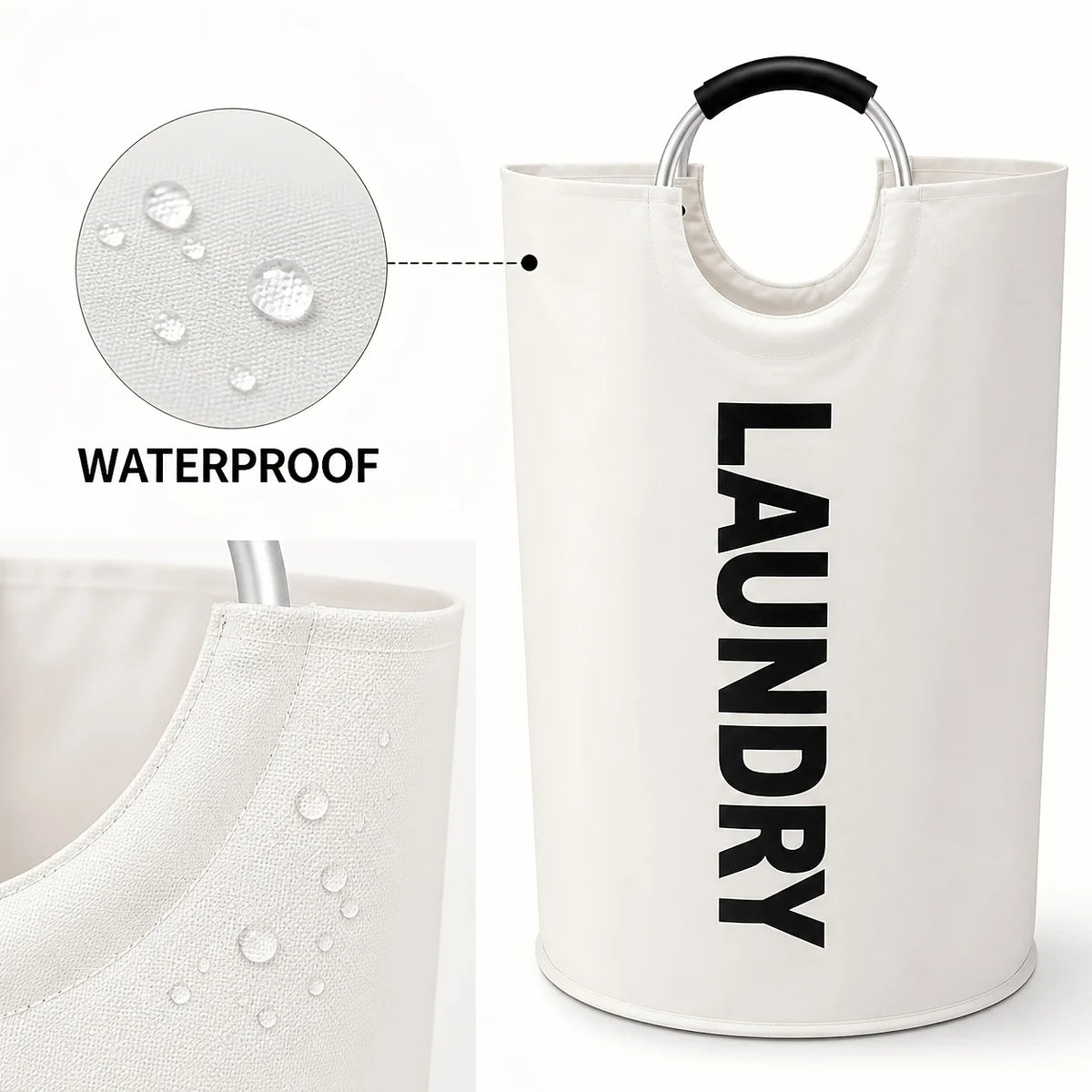 A white laundry hamper with a black handle, showing a waterproof fabric detail and a close-up of the material.